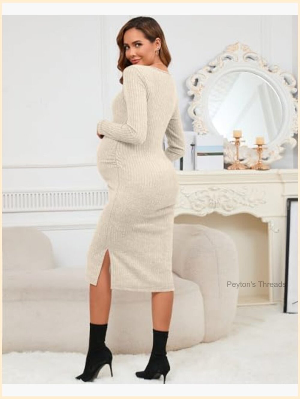Ribbed Knit Maternity Bodycon Dress Long Sleeve Side Slit Baby Shower - Picture 3 of 7